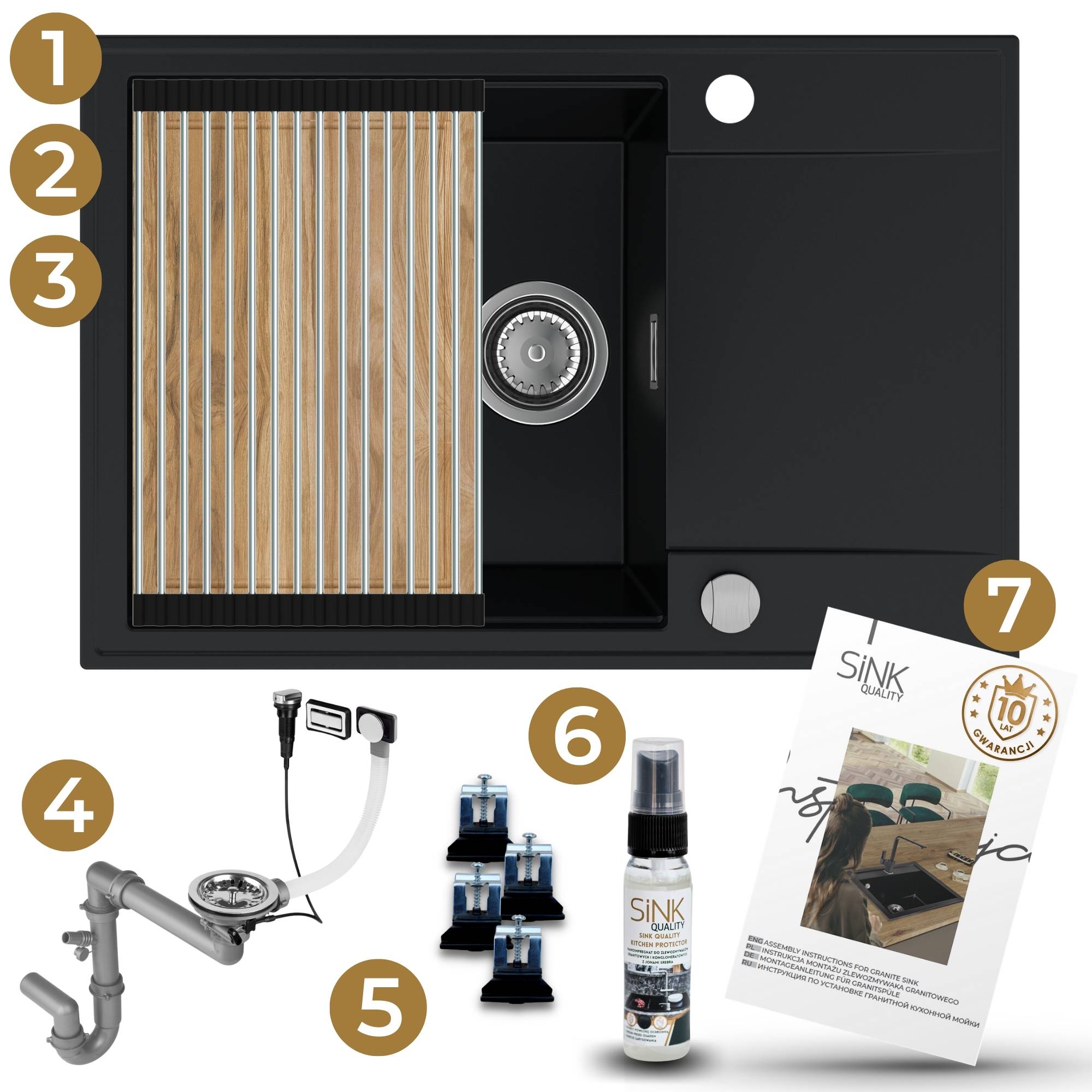 Zlew granitowy SINK 55 1KDO z elementami dołączonymi do zestawu